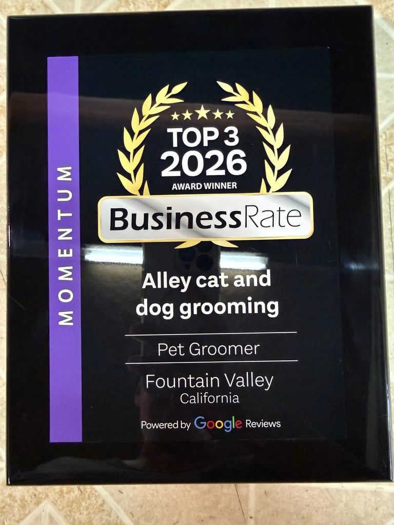 BusinessRate TOP 3 2026 award plaque for Alley cat and dog grooming in Fountain Valley, California