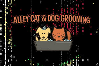 Alley Cat & Dog Grooming logo with yellow dog and orange cat in a gray tub on black background